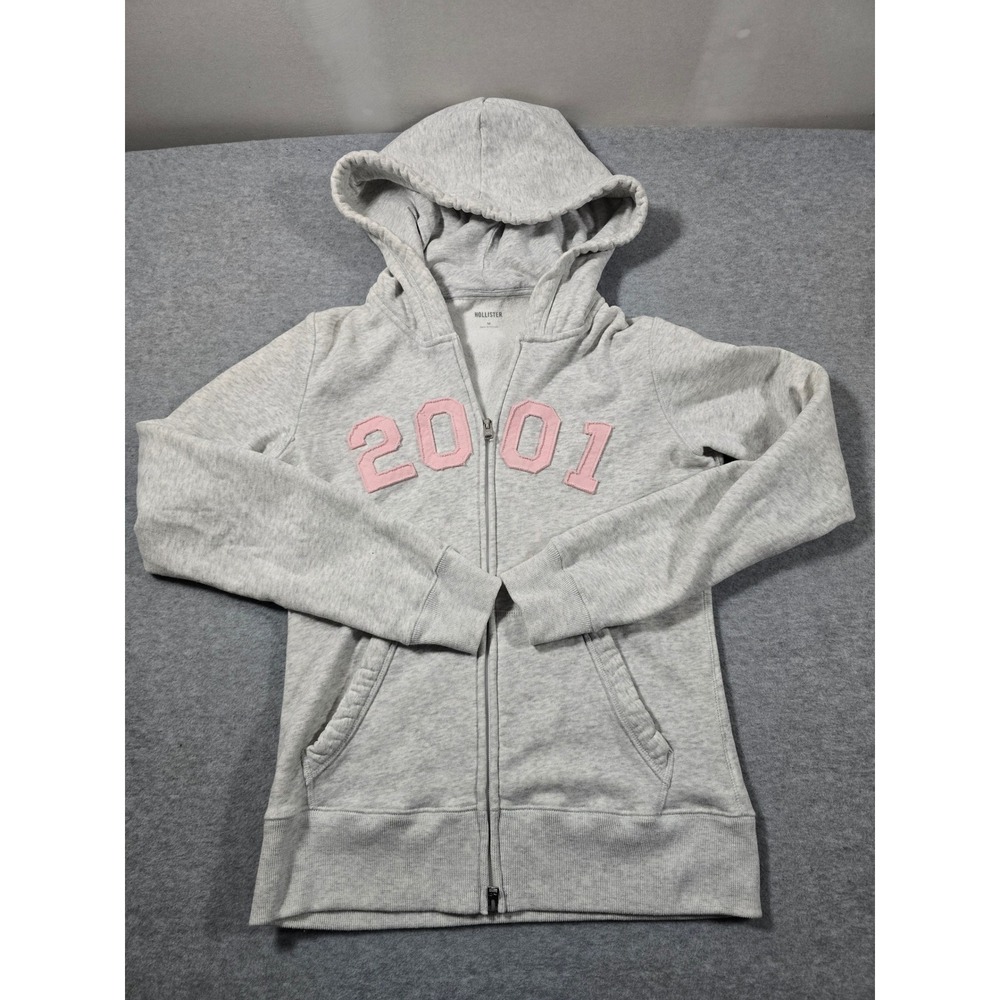 Y2k Hollister Womens Gray Pink 2001 Graphic Full Zip Hoodie Sweatshirt Size M